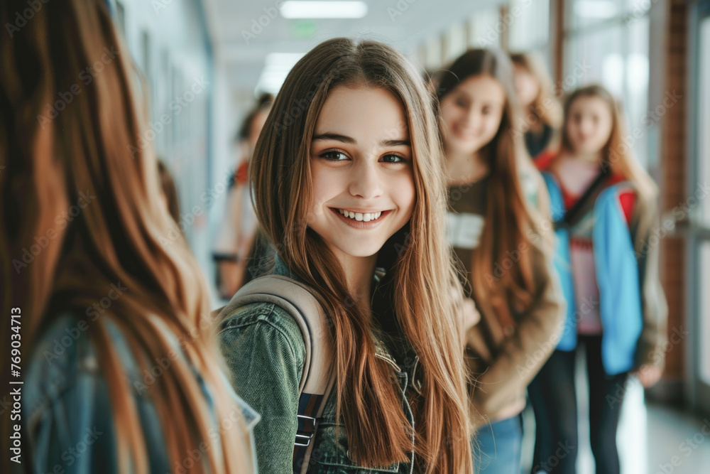 Happy teenage girl in hallway at high school looking at camera. Happy teenage girl in hallway at high school looking at camera.