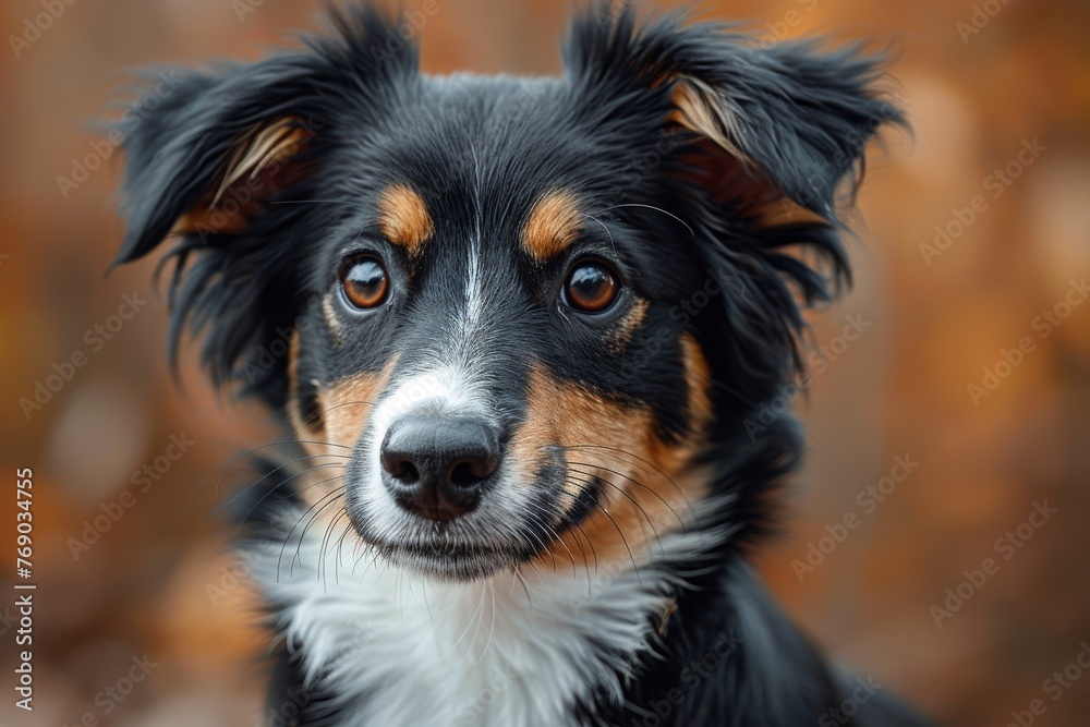 A close-up portrait of an attentive black and white dog looking directly at the camera with sharp focus