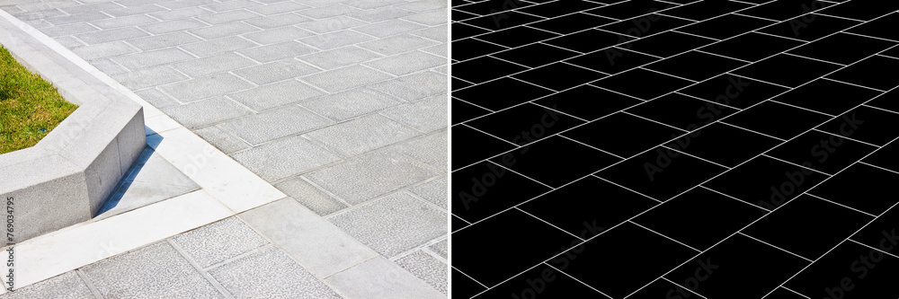Fototapeta premium New carved paving made with grey stone blocks in an pedestrian zone - Conceptual perspective view