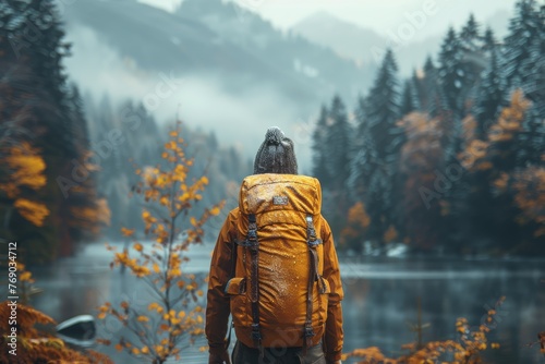 A solitary traveler with a backpack observes the serene, misty landscape of a lake bordered by autumnal forest