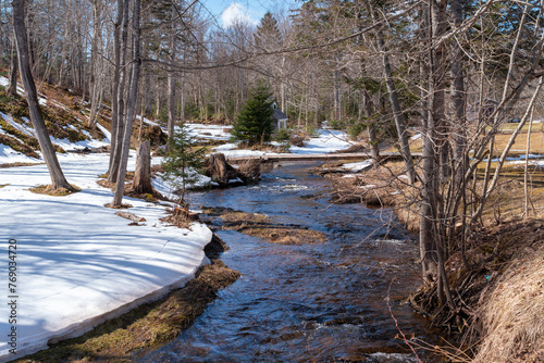 Stream running through a winter landscape.