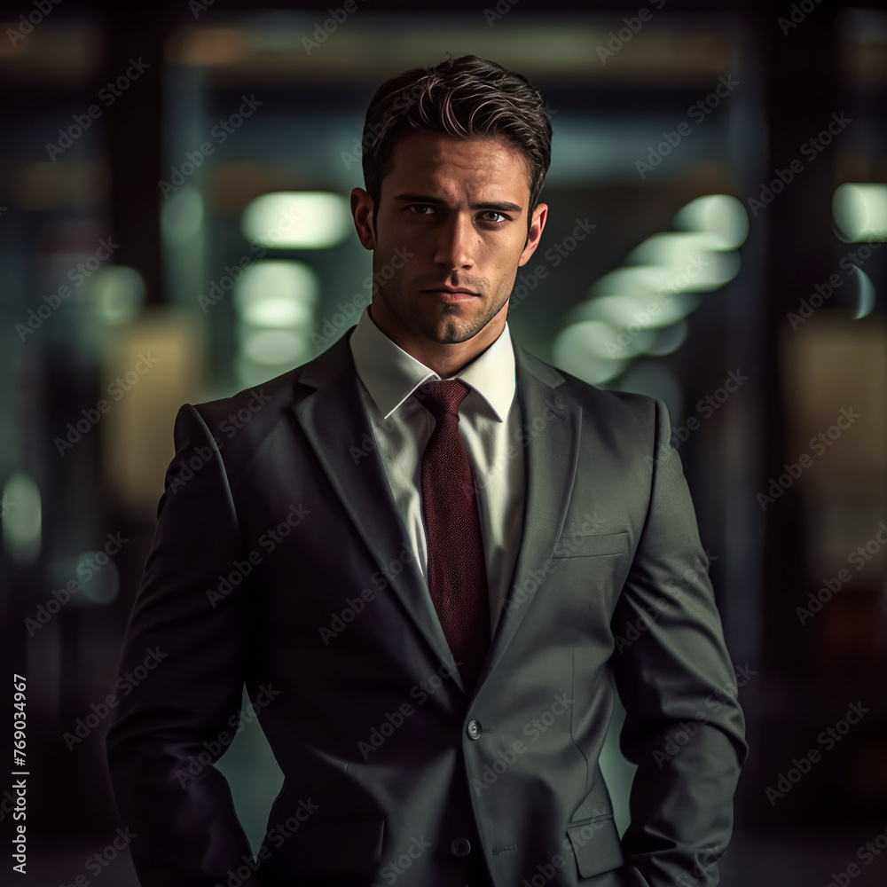A man in a suit and tie stands in front of a window with a red tie