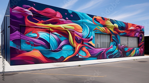Street art comes alive with a mural featuring bold graffiti-style lettering juxtaposed against fluid abstract shapes, injecting a burst of energy and creativity into the urban setting. photo