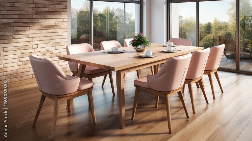 Interior of modern dining room with wooden table and chairs
