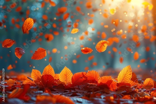 Falling orange leaves against a warm, sunlit background evoke the essence of autumn