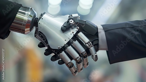 worlds as human and robot unite in a handshake, symbolizing collaboration and innovation in the modern workplace.