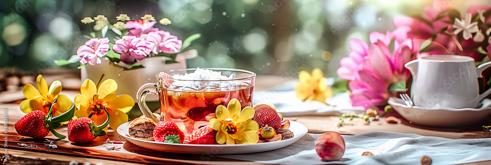 Fresh Summer Drinks, Strawberry and Lemonade, Healthy Fruits, Green Garden Background