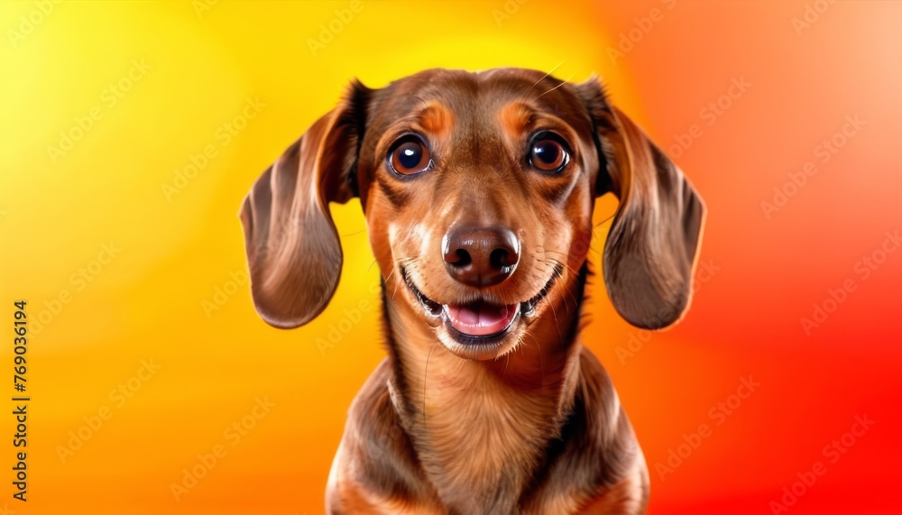   A Dachshund dog looks up at the camera with a smile on its face, set against an orange and yellow background