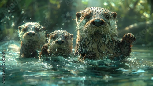a family of otters, gliding gracefully through the crystal-clear waters of a tranquil stream, their sleek forms illuminated by the soft light of dawn, in cinematic 16k perfection.