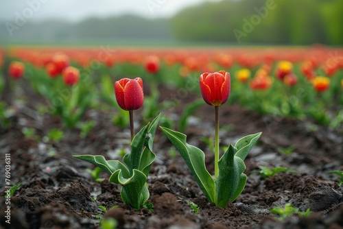 Dew-kissed red tulips bloom against a backdrop of misty distant tulip field symbolizing fresh spring mornings