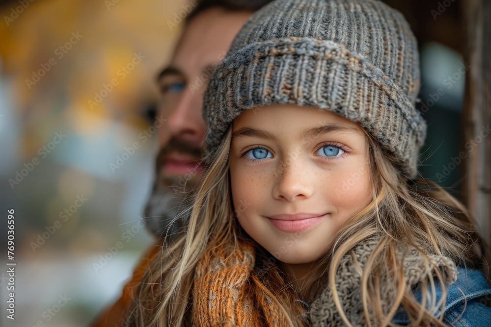 Portrait of a young girl with striking blue eyes and warm winter clothes, looking at camera Portrait of a young girl with striking blue eyes and warm winter clothes, looking at camera
