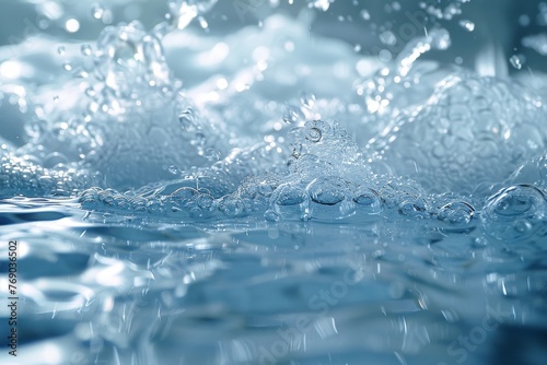 Close-up image of water with bubbles and splashes  conveying the concept of purity and motion