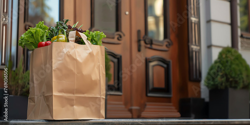 Paper bag with food delivery in front of house entrance. Grocery order delivered contact free. Takeout food left at door mat. Generative AI