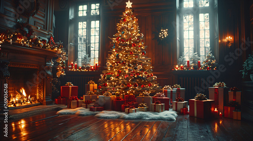 Cozy Christmas setting with decorated tree, gifts, and fireplace in a festive room.