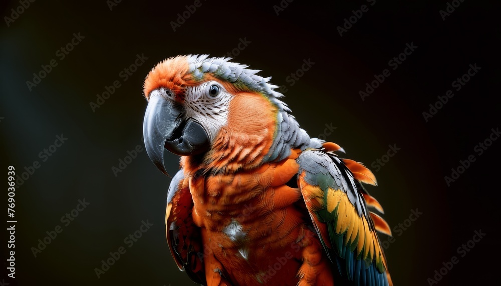  A close-up of a colorful parrot on a black background