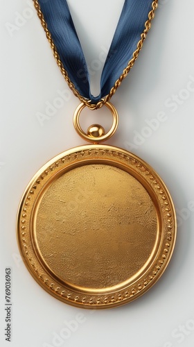 photorealistic golden medal, draped in an elegant fabric cord against a pristine white backdrop.