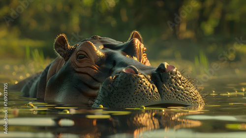 Hippopotamus basking in the cool waters of a river