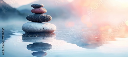 Zen stones embraced by sunset reflections in peaceful waters create a serene and tranquil scene