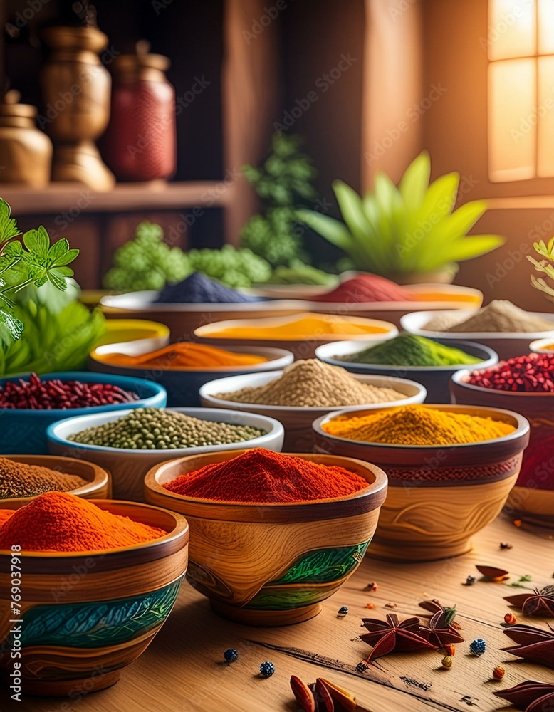 Fototapeta premium Vibrant Spice Collection: Colorful Bowls on Wooden Table in Garden Setting