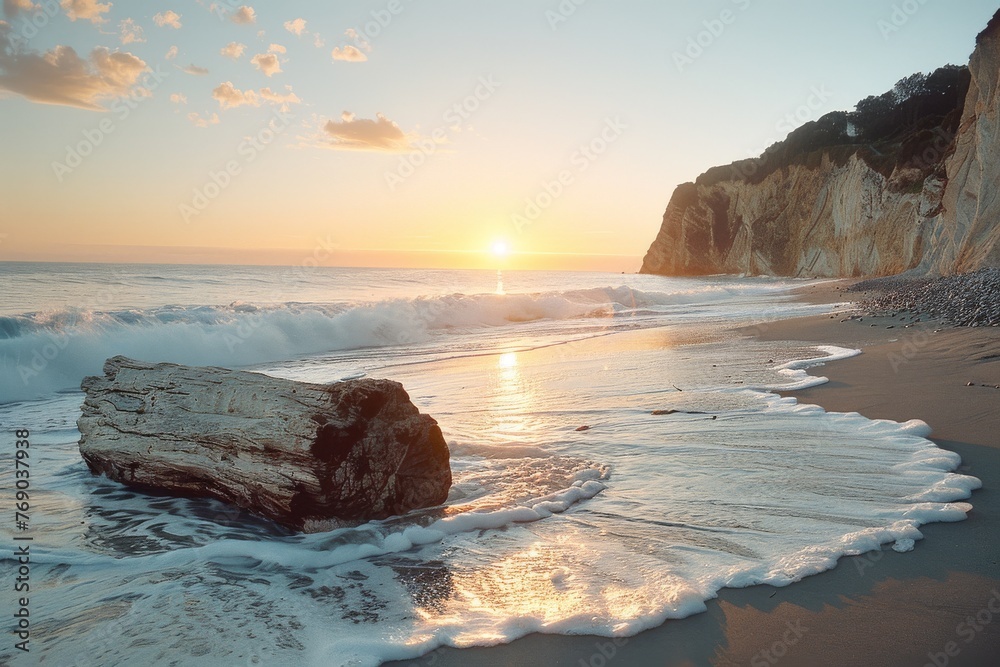 The golden hour sun washes over a rugged beach, illuminating a large driftwood and casting a warm glow on the waves and cliffs