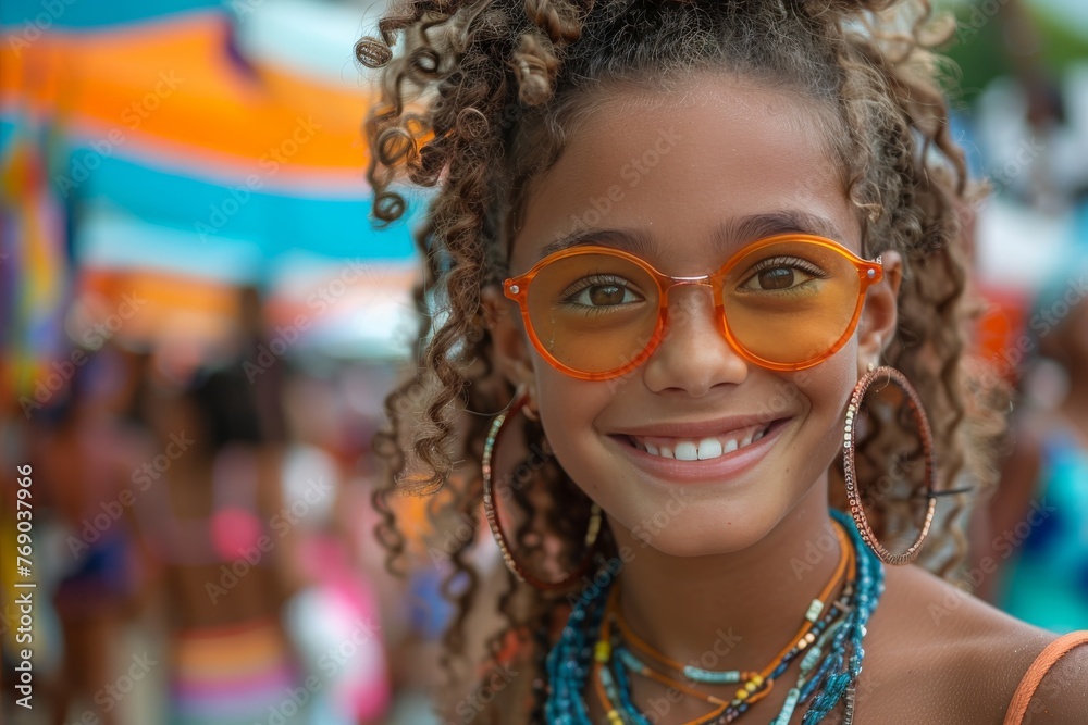 A happy girl with big earrings and orange sunglasses shows the joy and vibrancy of a summer beach scene