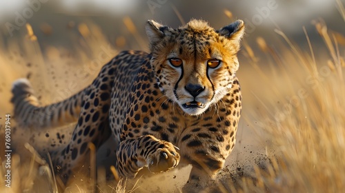 beauty of a cheetah in full sprint, its sleek form blurred against the backdrop of the savanna, as it hunts with unparalleled speed and agility, in cinematic 16k perfection.