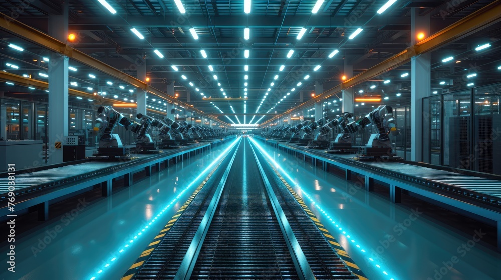 Fototapeta premium Robotic arms operating on a production line in a high-tech manufacturing facility, showcasing advanced automation and precision engineering.