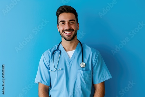 Friendly Male Nurse with Stethoscope ,arms crossed and a confident smile, standing againston Blue Background.