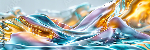 Futuristic Liquid Abstraction, Vibrant Rainbow Colors on Blue Background, Holographic Wave Design