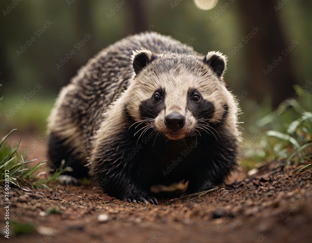 A photo of a raccoon closely focused on the ground, surrounded by trees and grass in the background A photo of a raccoon closely focused on the ground, surrounded by trees and grass in the background