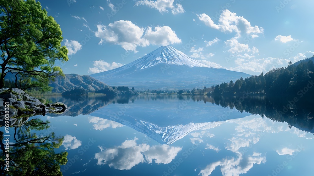 Mount Fuji's Majestic Reflection in Still Waters at Dawn