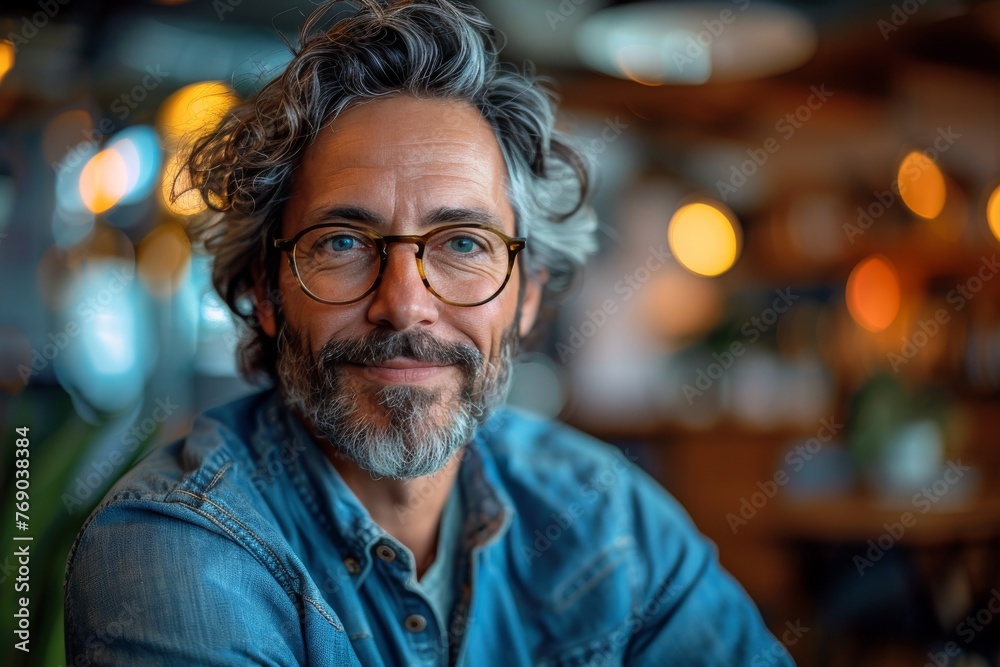 Confident mature man with stylish glasses and a denim shirt in a cafe setting, reflecting warmth and approachability Confident mature man with stylish glasses and a denim shirt in a cafe setting, reflecting warmth and approachability