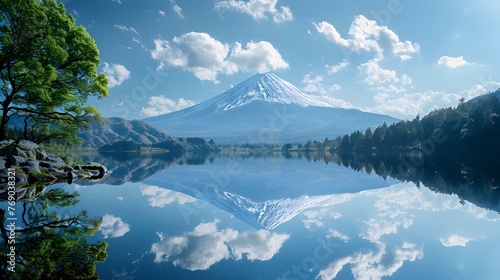 Mount Fuji's Majestic Reflection in Still Waters at Dawn © Thanaphon