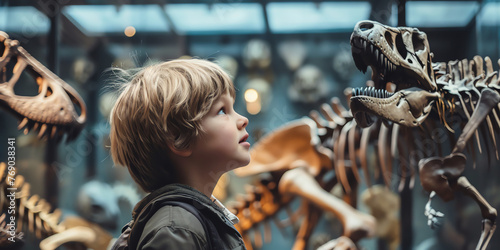 Child looking at the skeleton of an ancient dinosaur in the museum of paleontology. Little boy watching at dinosaur bones. Generative AI