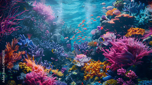 Intricately patterned coral reef teeming with vibrant sea life