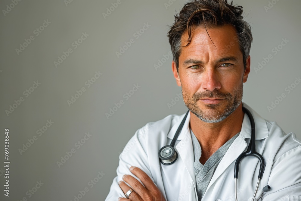 Serious looking male doctor in a clinical environment with crossed arms, displaying professionalism Serious looking male doctor in a clinical environment with crossed arms, displaying professionalism
