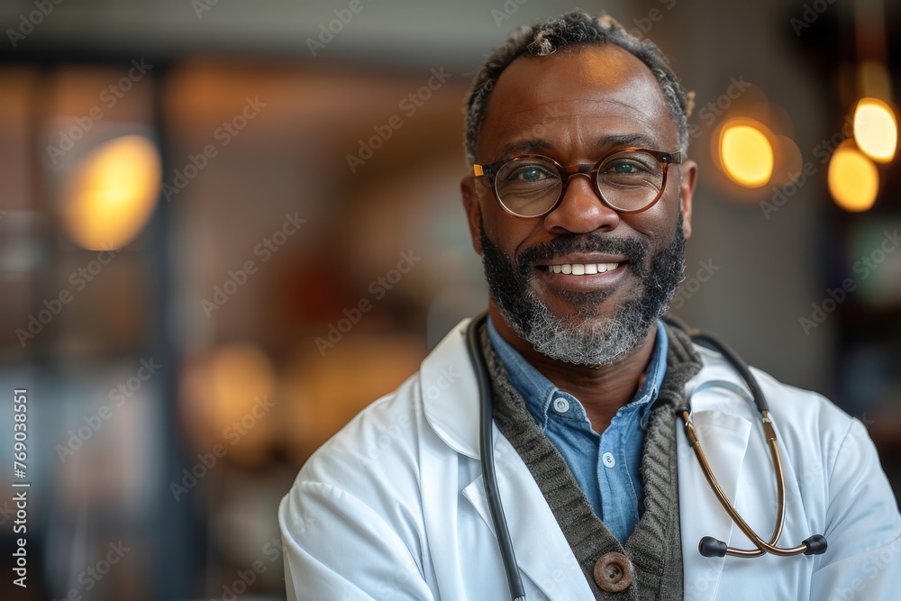 A mature male doctor with a stethoscope smiles confidently in a professional setting A mature male doctor with a stethoscope smiles confidently in a professional setting