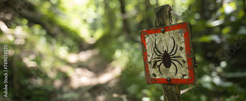 Sign in the summer forest with a park with the inscription Attention! Ticks! Alerting visitors of the risk of tick infestation. Danger of ticks. Generative AI