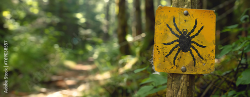 Sign in the summer forest with a park with the inscription Attention! Ticks! Alerting visitors of the risk of tick infestation. Danger of ticks. Generative AI