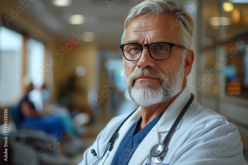 Serious senior doctor with glasses and a white coat stands in a hospital hallway