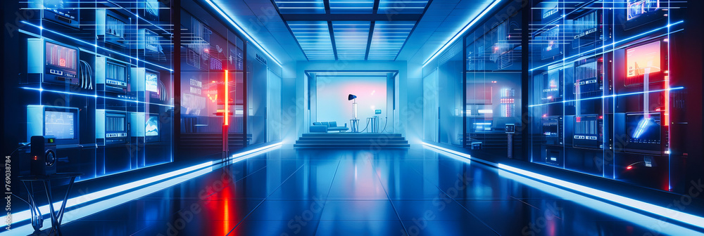 Futuristic Neon Corridor, Modern Design with Vibrant Lights, Abstract Technological Space