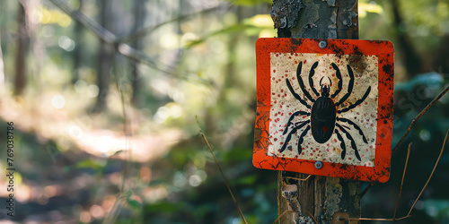 Sign in the summer forest with a park with the inscription Attention! Ticks! Alerting visitors of the risk of tick infestation. Danger of ticks. Generative AI
