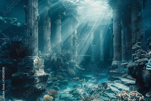 An ethereal Atlantis submerged beneath crystal clear waters its ancient mystic architecture guarded by mythical sea dragons