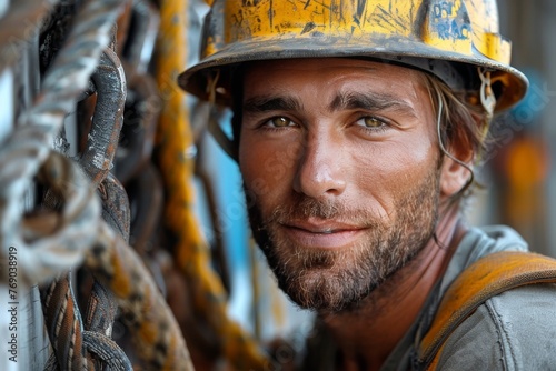 Close-up of rugged laborer with stubble and weathered yellow helmet near heavy chains, showing determination © LifeMedia