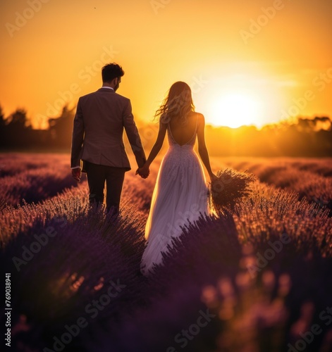 A bride and groom walking through a field of lavender. Generative AI.