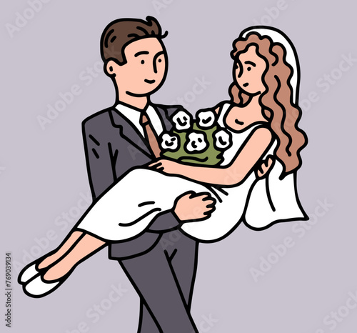 Happy bride and groom. A man carries a woman in his arms. Beautiful newlywed couple. Cartoon vector illustration outline