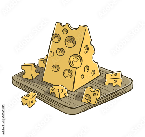 Piece of cheese with holes. Holland dairy product. Healthy natural food. Cartoon vector illustration isolated on white background. Hand drawn outline