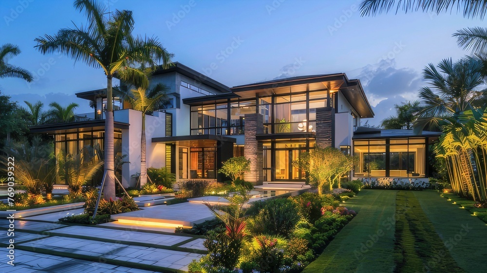 Harmony of Beauty: Picturesque Contemporary House with Beautiful Gardens and Palm Trees, Concept of Contemporary Architecture, Serene Oasis, Modern Living Spaces
