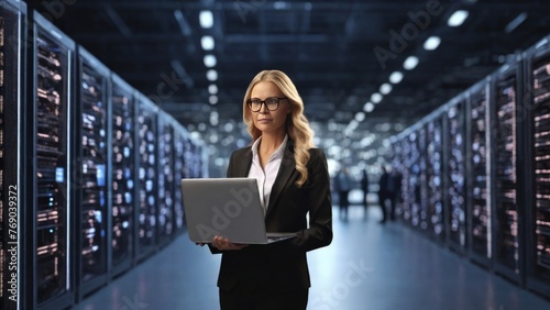 In a 3D graphics concept, envision the Chief Technology Officer of a big data center standing in a warehouse, activating servers to initiate information digitalization. This scene symbolizes the utili photo