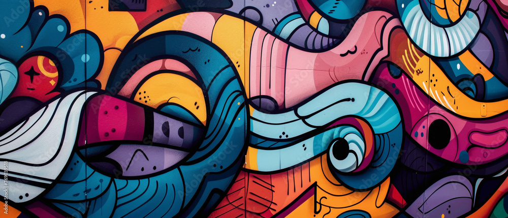 Vibrant graffiti-style lettering accompanied by intricate abstract shapes, creating a mesmerizing street art mural that sparks conversation and creativity.